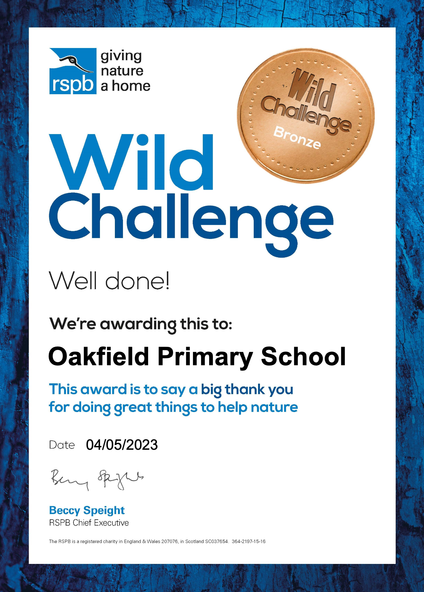 Oakfield's Wild Challenge award certificate